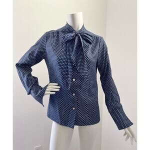 Vintage 70s Lee Mar Blouse Blue Polka Dot Secretary Blouse with Ascot Bow Medium